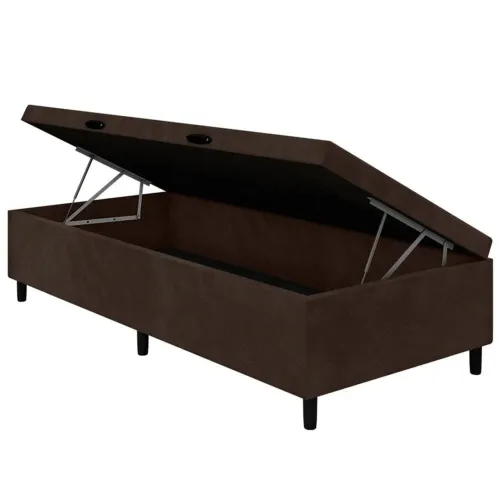 Base Box de Solteiro com Baú e Revestimento Corino marrom 35x88x188cm - entrega hoje