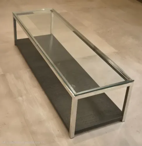 Mesa de centro retangular inox, vidro e couro