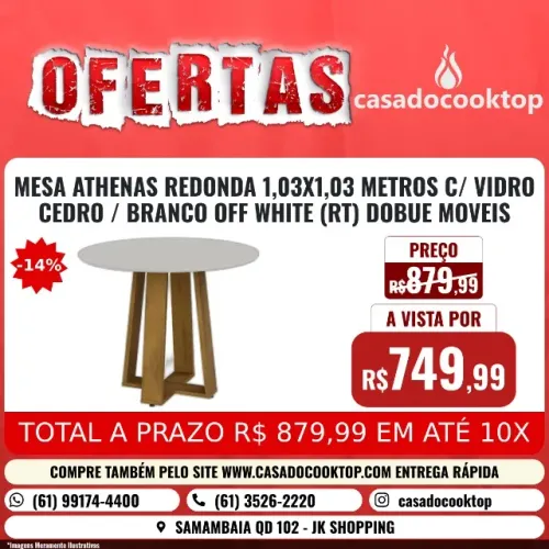MESA ATHENAS REDONDA 1,03X1,03 METROS C/ VIDRO CEDRO / BRANCO OFF WHITE (RT) DOBUE MOVEIS