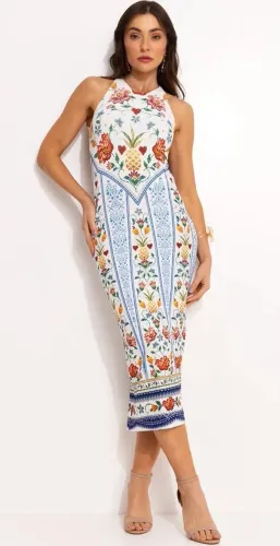 FARM - Vestido Midi em Viscose Off White