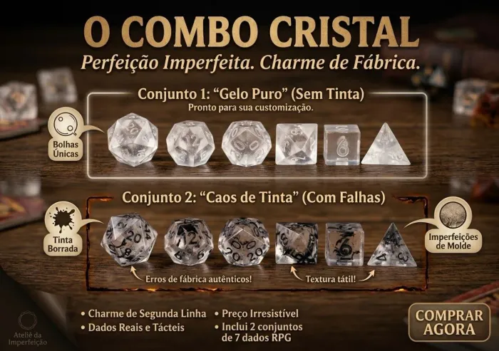 Kit cristal, 2 conjuntos de dados de RPG transparentes, 1 pintado e 1 não