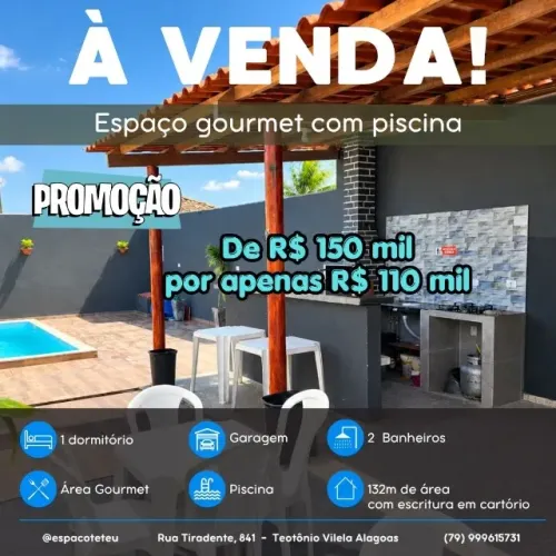 Área de lazer com 1 qto em Teotônio Vilela-AL