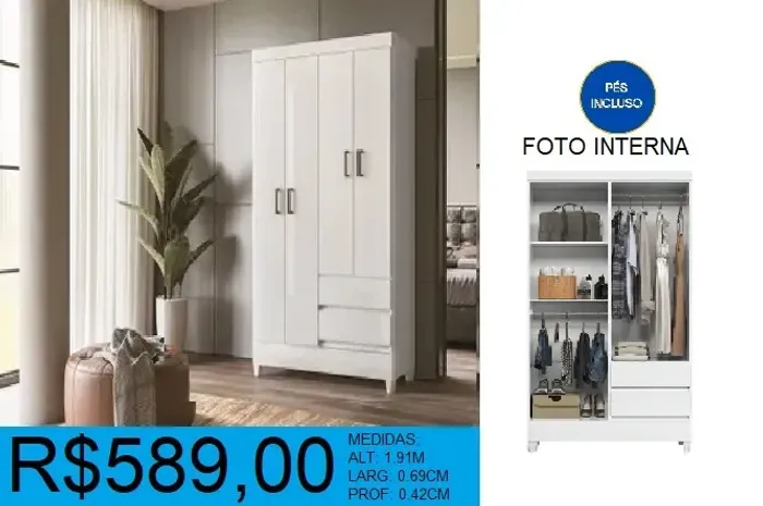 Roupeiro 4 portas 2 gavetas larg:92cm - frete gratuito
