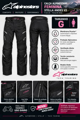 CALÇA ALPINESTARS FEMININA, MODELO STELLA ANDES V2 TECH TOURING, TAM G, NOVA!