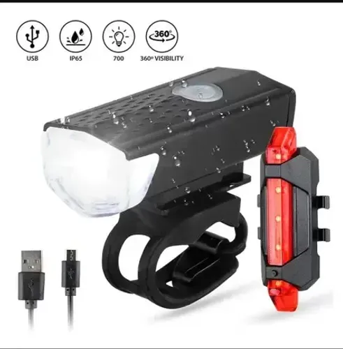 Kit Farol Lanterna Sinalizador De Bicicleta Recarregável Usb