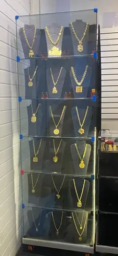 Balcão de vidro desmontável vertical e horizontal para joias banhado a ouro