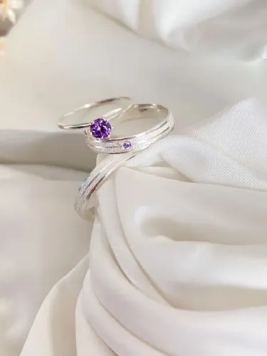 Conjunto 3,5mm + anel solitário pedra roxa - Prata 950