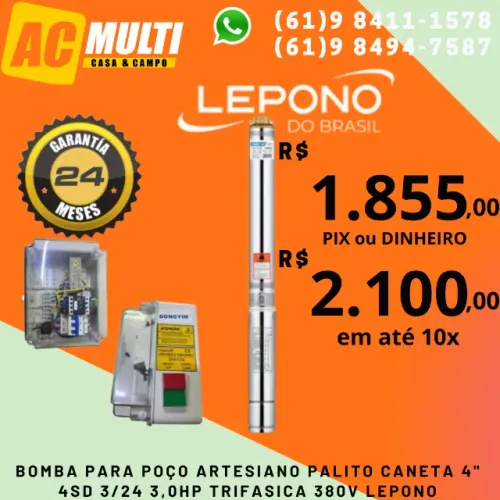 Bomba para poço artesiano caneta  palito  4" 4SD 3/24 3,0HP Trifasica 380V Lepono