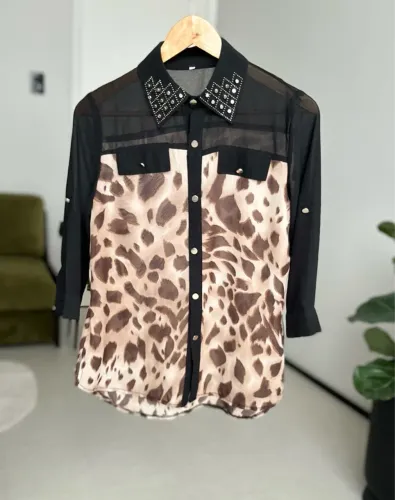 Camisa Alfaiataria Onça M - Animal Print Manga 3/4