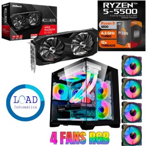 Pc Gamer Ryzen 5 5500, RX 6600 8gb, Gab Aquario 4 fans, SSD 240, 8GB ddr4 Novo NF Garantia