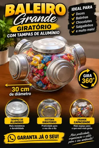Baleiro grande de 30 cm giratório com tampas em alumínio