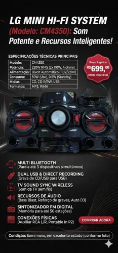 MINI HI-FI SYSTEM LG Modelo Cm4350 220w Rms<br>Modelo: CM4350MINI HI-FI SYSTEM<br>Modelo: CM4350