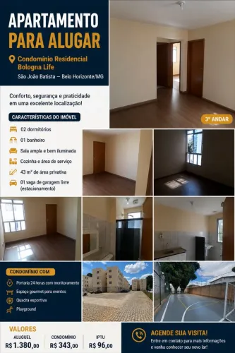 ALUGA-SE APARTAMENTO - COND. BOLOGNA LIFE | SÃO JOÃO BATISTA - BH