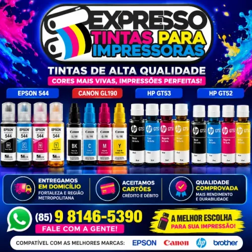 Tinta Epson Canon HP e Brother. Aceitamos Cartões. Fazemos Entregas. Fale Conosco.