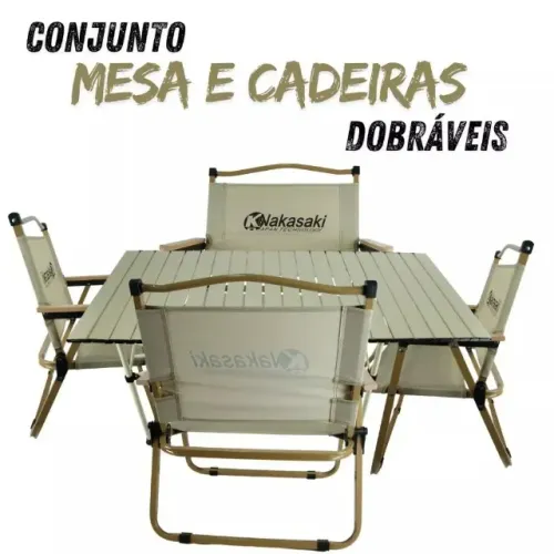 KIT Mesa Dobrável + 4 Cadeiras de Camping em Alumínio Fácil transporte