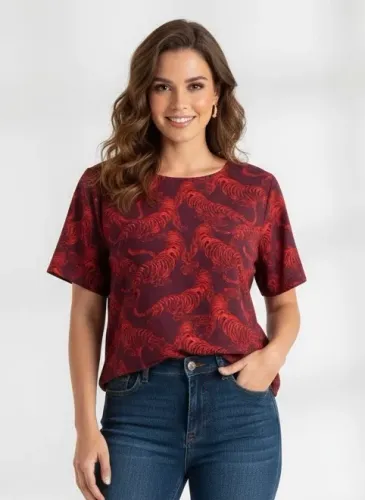 Blusa vermelha 46 estampa de tigre Shoulder