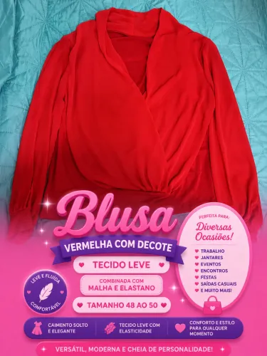 Blusa vermelha manga longa com decote tamanho 48 