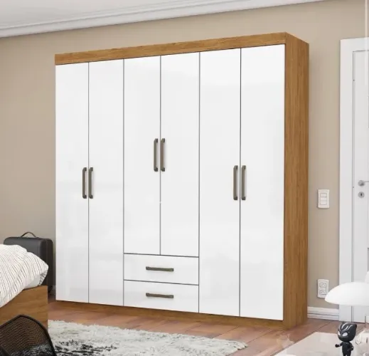 Guarda-Roupa Casal Essencial 6 Portas e 2 Gavetas Cinamomo/Branco