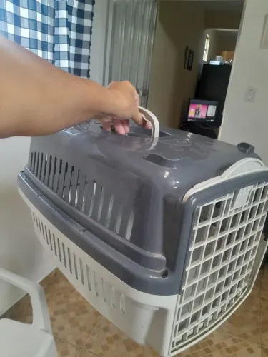 Caixa de Transporte Pet (Cães e Gatos) - Cinza e Branca