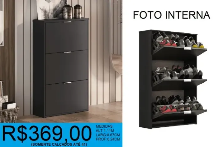 Sapateira com 3 gavetas larg:67cm alt:1,11m - frete grátis