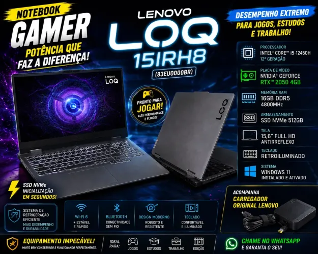 NOTEBOOK GAMER LENOVO LOQ 15IRH8 - RTX 2050 4GB | i5-12450H | 16GB DDR5 | SSD 512GB