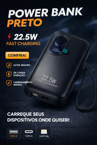 Power Bank preto 10.000 22.5W Fast Charge - Novo!