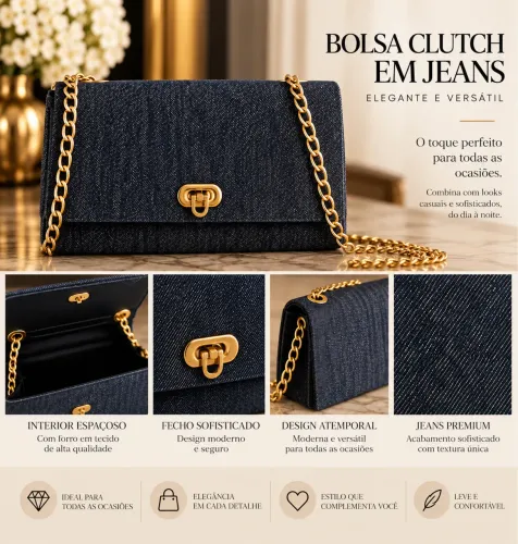 Bolsa jeans com alças douradas 