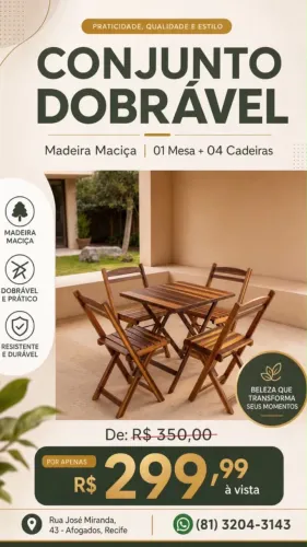 Conjunto de mesas e cadeiras dobráveis de madeira