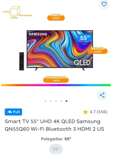 Smart TV 55" UHD 4K QLED Samsung QN55Q60 Wi-Fi Bluetooth 3 HDMI 2