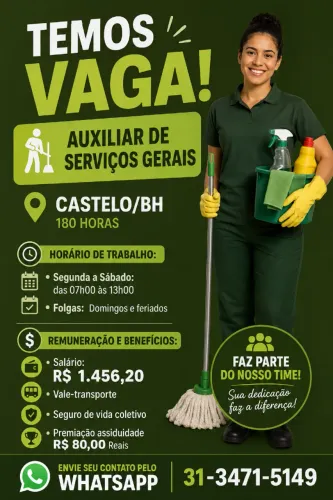 Vaga - Auxiliar de Serviços Gerais - Castelo -  C/Experiência