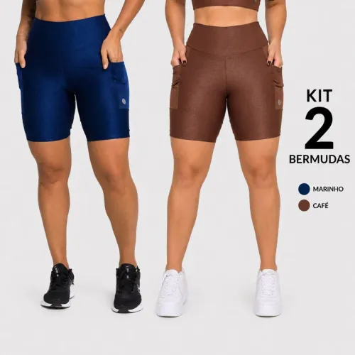 Kit 2 Bermudas Fitness Feminina Cintura Alta Com Bolsos Alta Compressão Academia Suplex