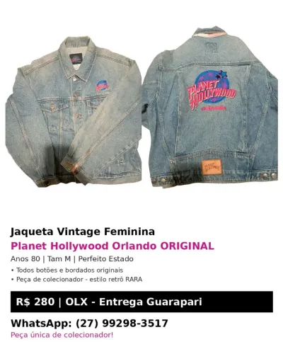 Jaqueta jeans feminina Planet Hollywood Orlando anos 80 Tam M- RARA