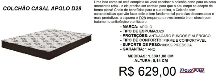 Colchão casal espuma d28 - parcelamento até 12X sem juros