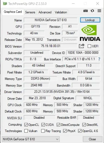 Placa de video Geforce GT610