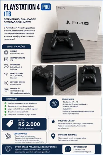 PlayStation 4 Pro 1TB + 2 Controles Originais