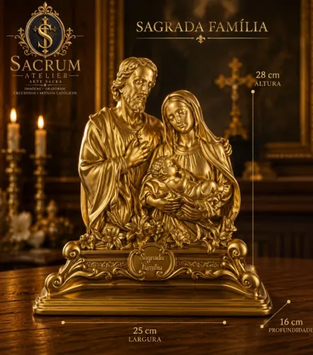 Busto Sagrada Família dourada em gesso premium e verniz automotivo