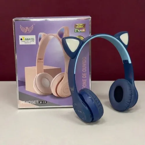 FONE DE OUVIDO HEADPHONE BLUETOOTH ORELHA DE GATO B-19 LED RGB AZUL