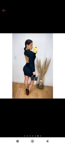 Vestido manga longa costas nuas preto e nude