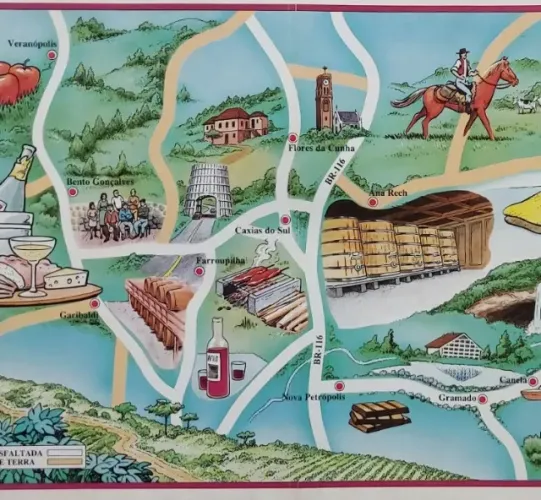 Rio Grande do Sul - Cidades com vinícolas - Mapa/pôster antigo de turismo com ilustrações