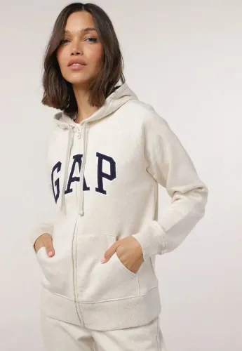 Blusa de Moletom com Capuz Flanelada Aberta GAP Logo Bordado Bege