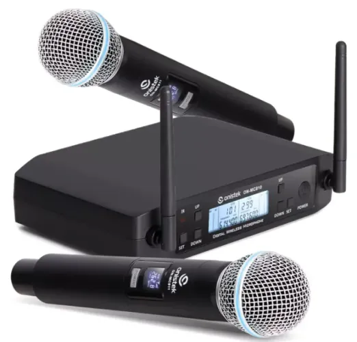 Microfone Sem Fio Duplo Onistek On-MC810 Uhf Dinamico Tela Digital com 50 Canais