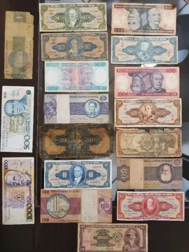 COLEÇÃO DE NOTAS DE DINHEIRO E MOEDAS ANTIGAS