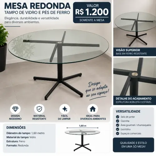 MESA REDONDA - TAMPO DE VIDRO