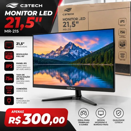 "Monitor LED 21,5"" C3Tech MR-215 Full HD IPS 75Hz HDMI VGA Preto bivolt"
