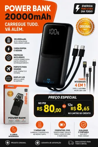 Power Bank 20.000mAh 22.5W Carga Rápida Com Display Digital Carregador Portátil Premium.