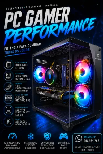 PC Gamer Core I7 8700 GTX 1070 8GB - Completo -Até 12 X 322,00 Sem Acréscimo !!!