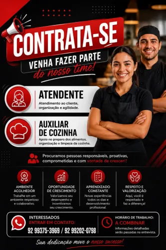 Contrata-se atendente e auxiliar de cozinha