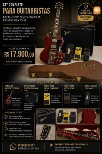 Guitarra Gibson SG Maestro Vibrola 2022 + Fender Mustang LT50 + Pedais Boss e Cry Baby