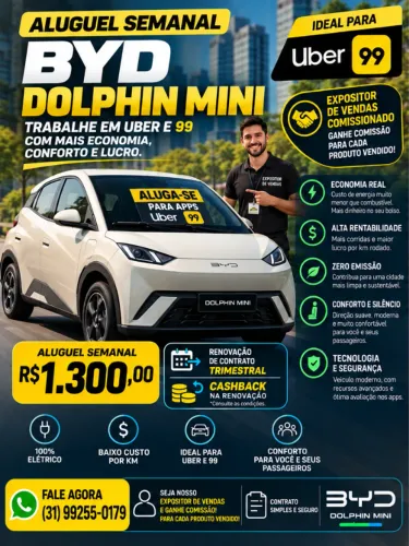 Aluguel e locação carro elétrico para aplicativo UBER, 99 e entregas - BYD