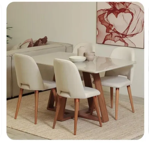 Mesa de Jantar Nova - Tampo de Vidro e Pés em Madeira Maciça